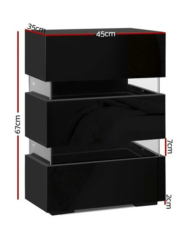 3 Drawers LED Bedside Table Set Of 2 in Lumi Black image 7