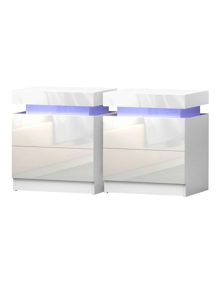 2 Drawers Lift-Up Storage LED Bedside Table Set Of 2 in Coley White image 2