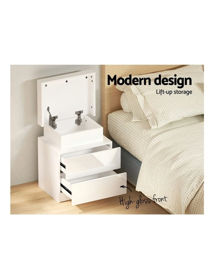 2 Drawers Lift-Up Storage LED Bedside Table Set Of 2 in Coley White image 6