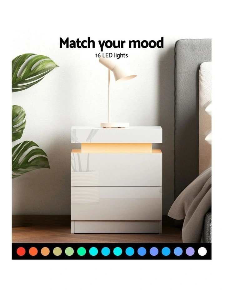 2 Drawers Lift-Up Storage LED Bedside Table Set Of 2 in Coley White image 7