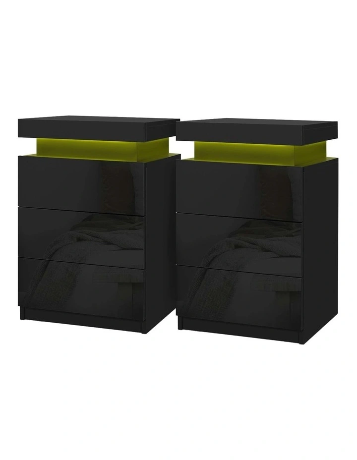 LED 3 Drawers Bedside Table 2X in Coley Black image 1