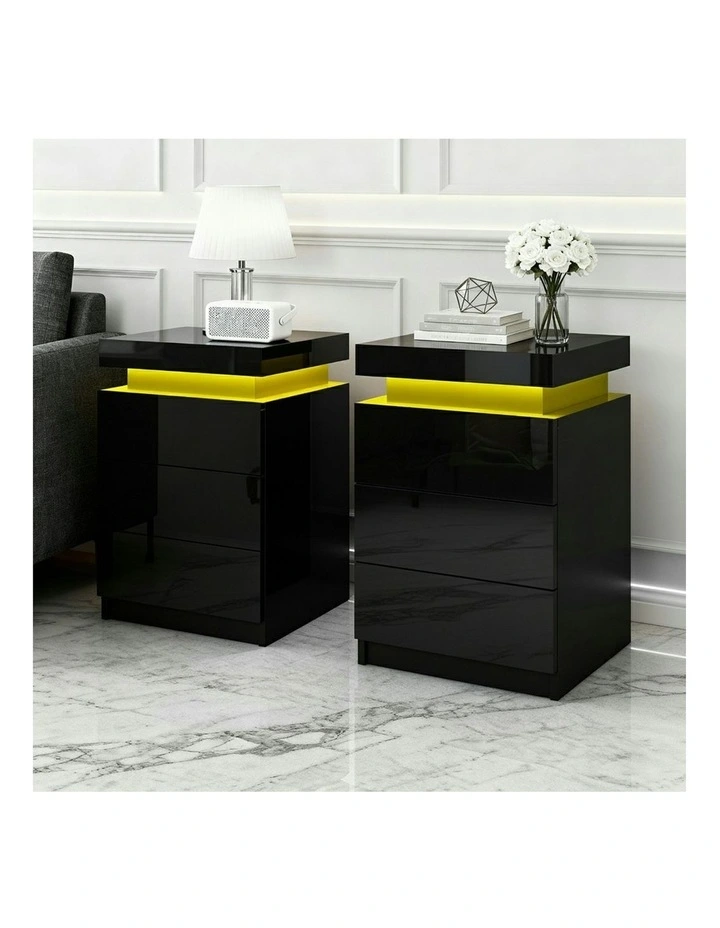 LED 3 Drawers Bedside Table 2X in Coley Black image 5