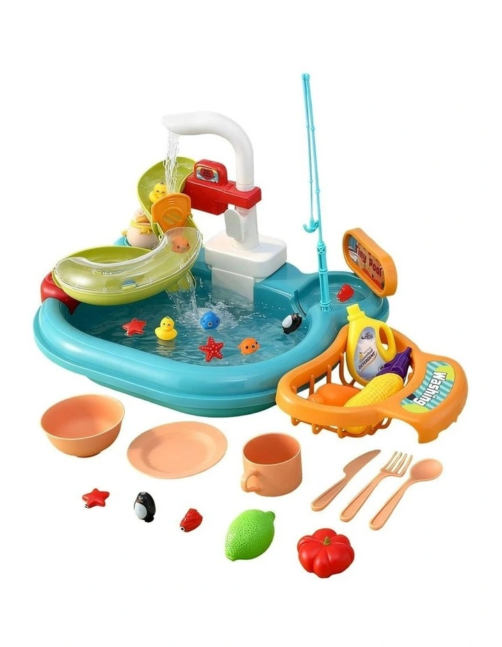 Keezi Kids Pretend Play Kitchen Sink with Faucet Floating Fishing Toys Play food image 1