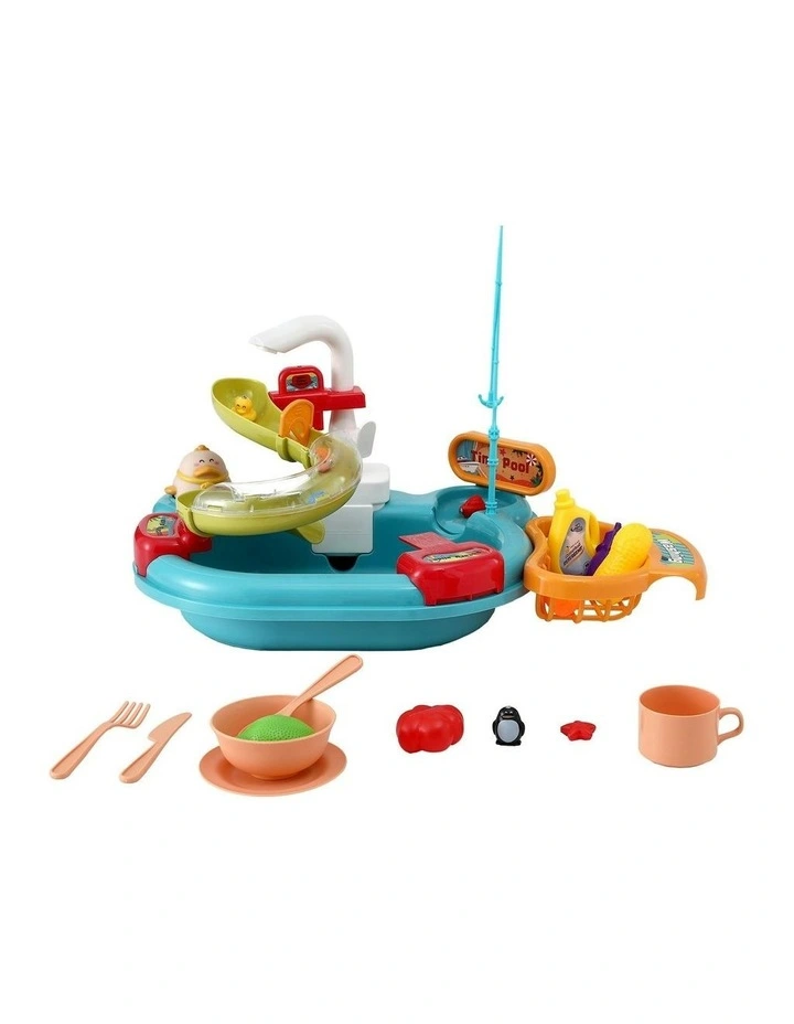Keezi Kids Pretend Play Kitchen Sink with Faucet Floating Fishing Toys Play food image 2