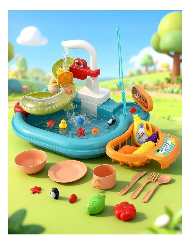 Keezi Kids Pretend Play Kitchen Sink with Faucet Floating Fishing Toys Play food image 3