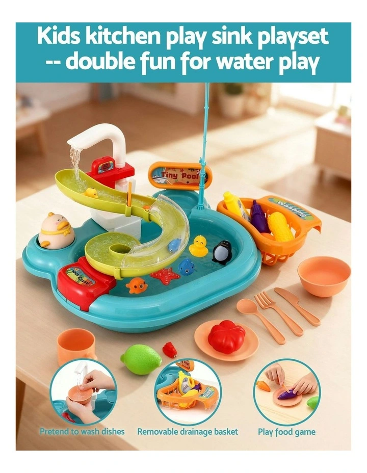 Keezi Kids Pretend Play Kitchen Sink with Faucet Floating Fishing Toys Play food image 5