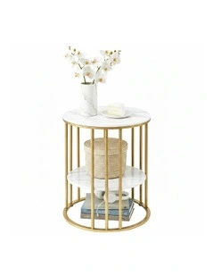 2-Tier Round Marble Effect Coffee Table in White/Gold