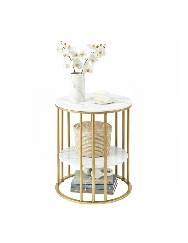 2-Tier Round Marble Effect Coffee Table in White/Gold image 1