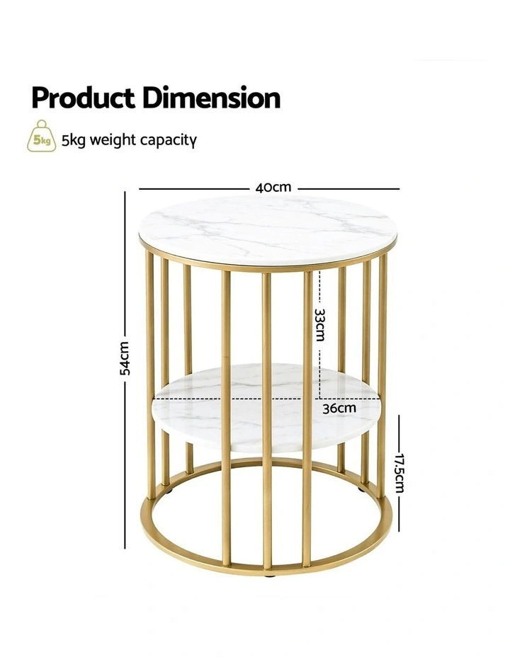 2-Tier Round Marble Effect Coffee Table in White/Gold image 2