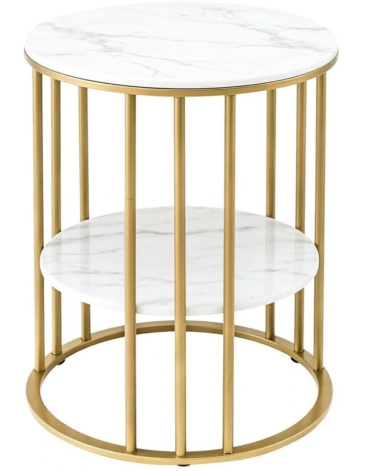 2-Tier Round Marble Effect Coffee Table in White/Gold image 3