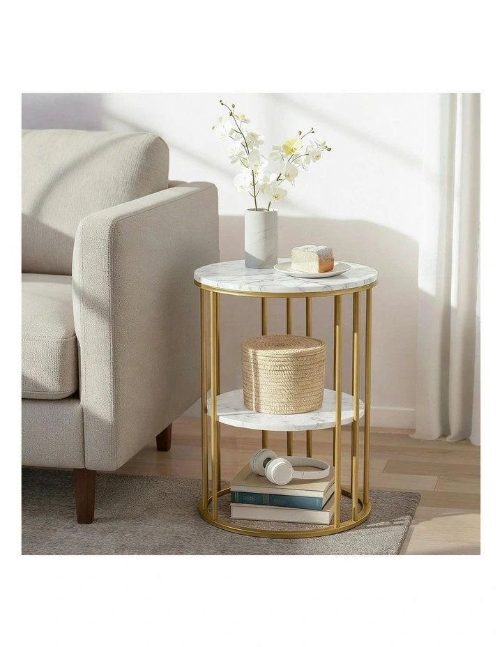 2-Tier Round Marble Effect Coffee Table in White/Gold image 4