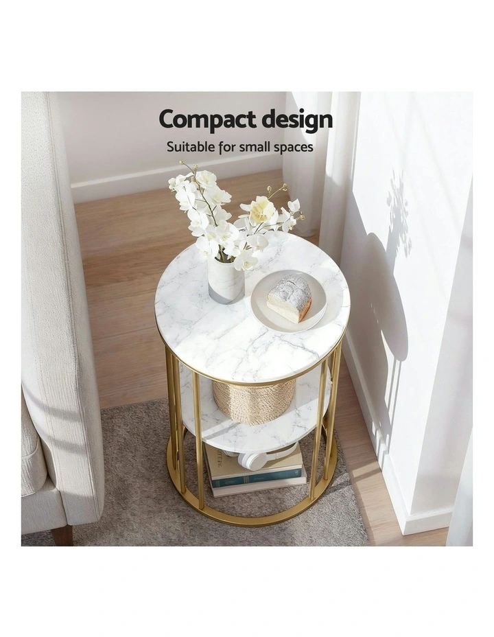 2-Tier Round Marble Effect Coffee Table in White/Gold image 5