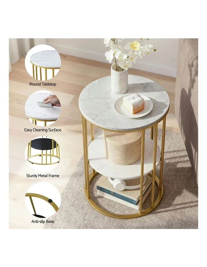 2-Tier Round Marble Effect Coffee Table in White/Gold image 6