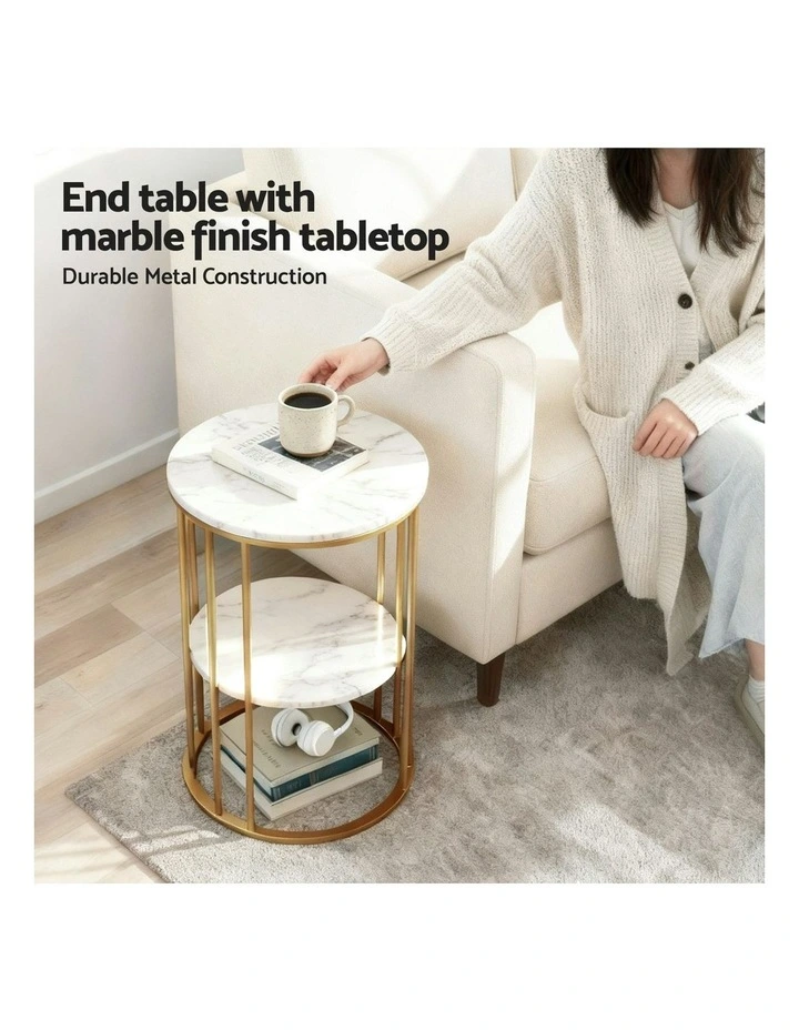 2-Tier Round Marble Effect Coffee Table in White/Gold image 7