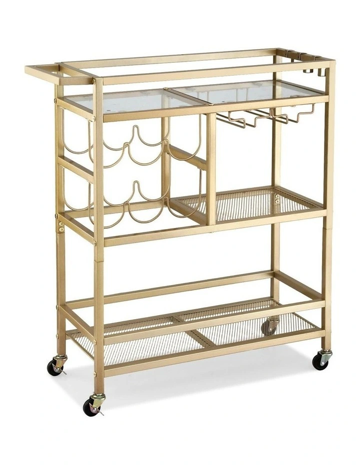 Bar Cart Drinks Trolley Serving Wine Rack Glass Holder 3 Hooks 72cm in Gold image 1