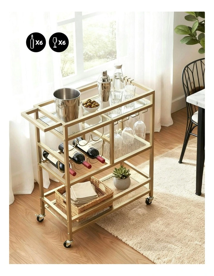 Bar Cart Drinks Trolley Serving Wine Rack Glass Holder 3 Hooks 72cm in Gold image 5