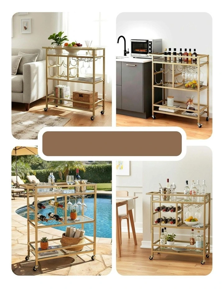 Bar Cart Drinks Trolley Serving Wine Rack Glass Holder 3 Hooks 72cm in Gold image 7