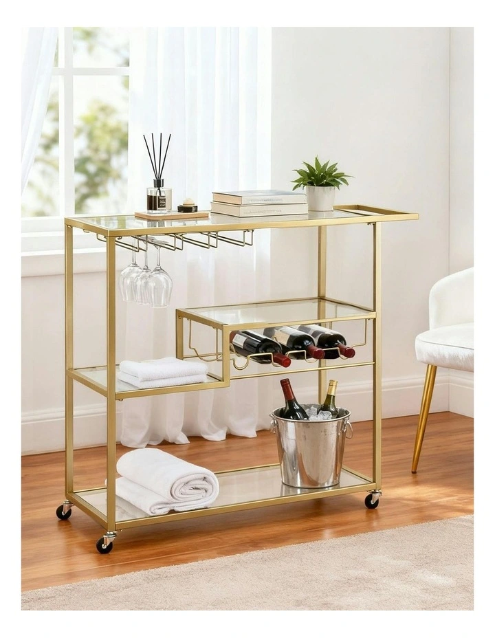 Bar Cart Drink Trolley Serving Cocktail Wine Rack Glass Holder 102cm in Gold image 3