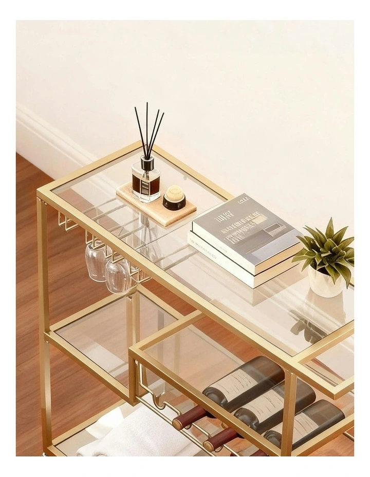 Bar Cart Drink Trolley Serving Cocktail Wine Rack Glass Holder 102cm in Gold image 6