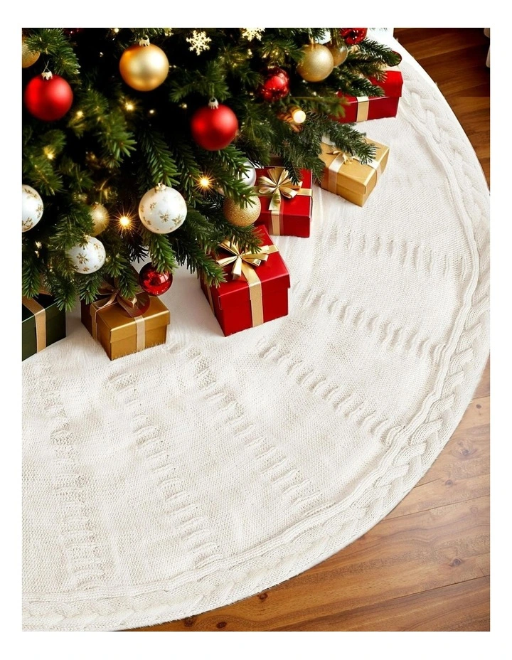 Knitted Fabric Xmas Ornament Decor Tree Skirt 90cm in Beige image 3