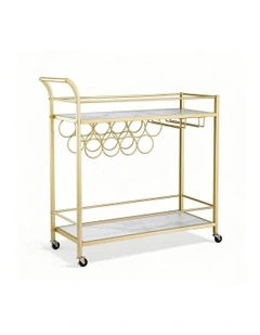 Bar Cart Drinks Trolley Serving Wine Rack Glass Holder Marble 85cm in Gold