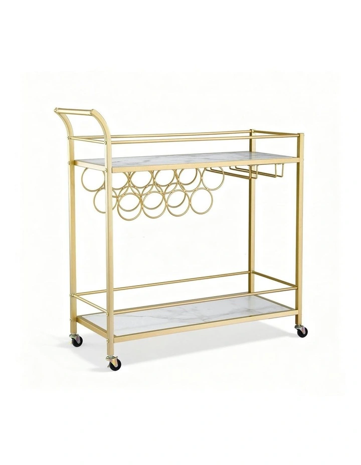 Bar Cart Drinks Trolley Serving Wine Rack Glass Holder Marble 85cm in Gold image 1
