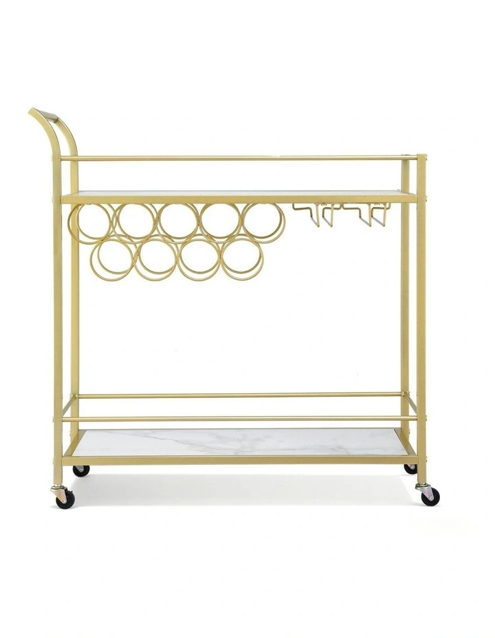 Bar Cart Drinks Trolley Serving Wine Rack Glass Holder Marble 85cm in Gold image 2