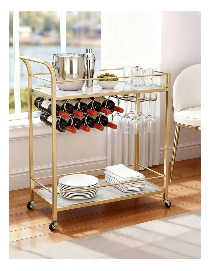 Bar Cart Drinks Trolley Serving Wine Rack Glass Holder Marble 85cm in Gold image 3