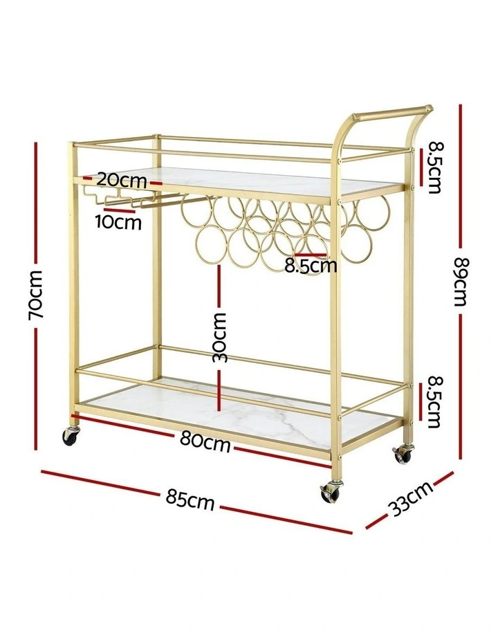 Bar Cart Drinks Trolley Serving Wine Rack Glass Holder Marble 85cm in Gold image 4