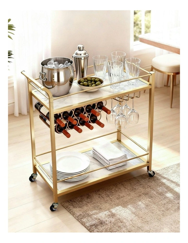 Bar Cart Drinks Trolley Serving Wine Rack Glass Holder Marble 85cm in Gold image 5