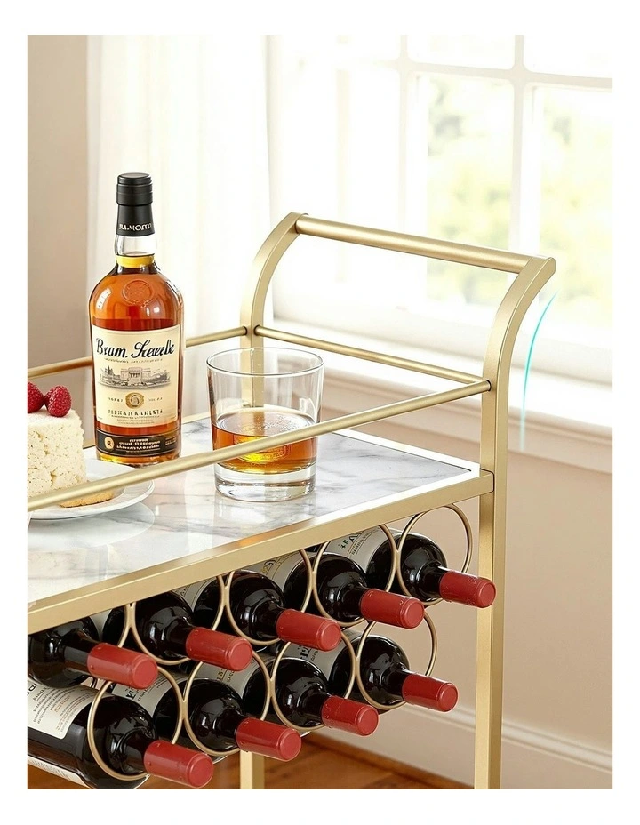 Bar Cart Drinks Trolley Serving Wine Rack Glass Holder Marble 85cm in Gold image 6