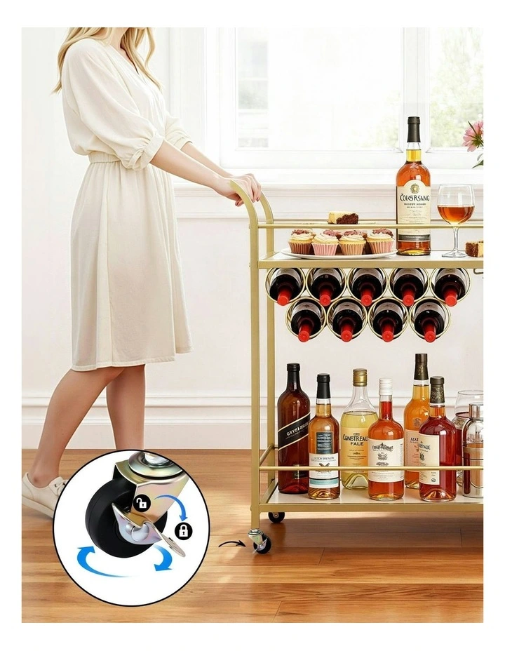 Bar Cart Drinks Trolley Serving Wine Rack Glass Holder Marble 85cm in Gold image 7