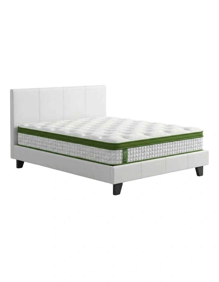 Double Bed Frame Platform PVC Leather Hybrid Mattress in White image 1