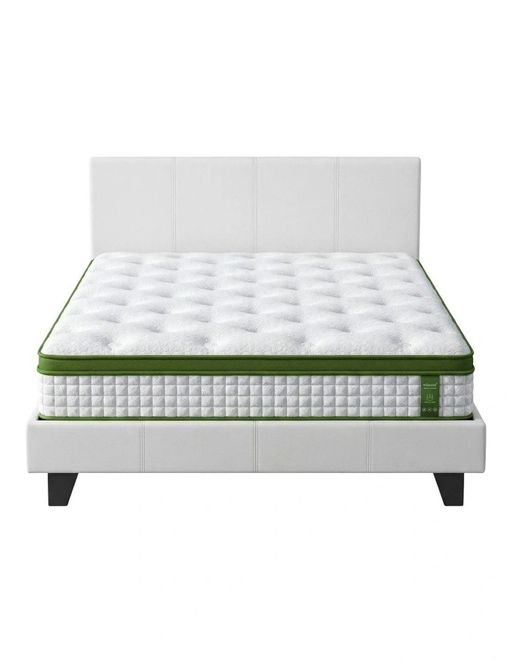 Double Bed Frame Platform PVC Leather Hybrid Mattress in White image 2
