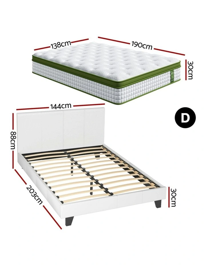 Double Bed Frame Platform PVC Leather Hybrid Mattress in White image 4
