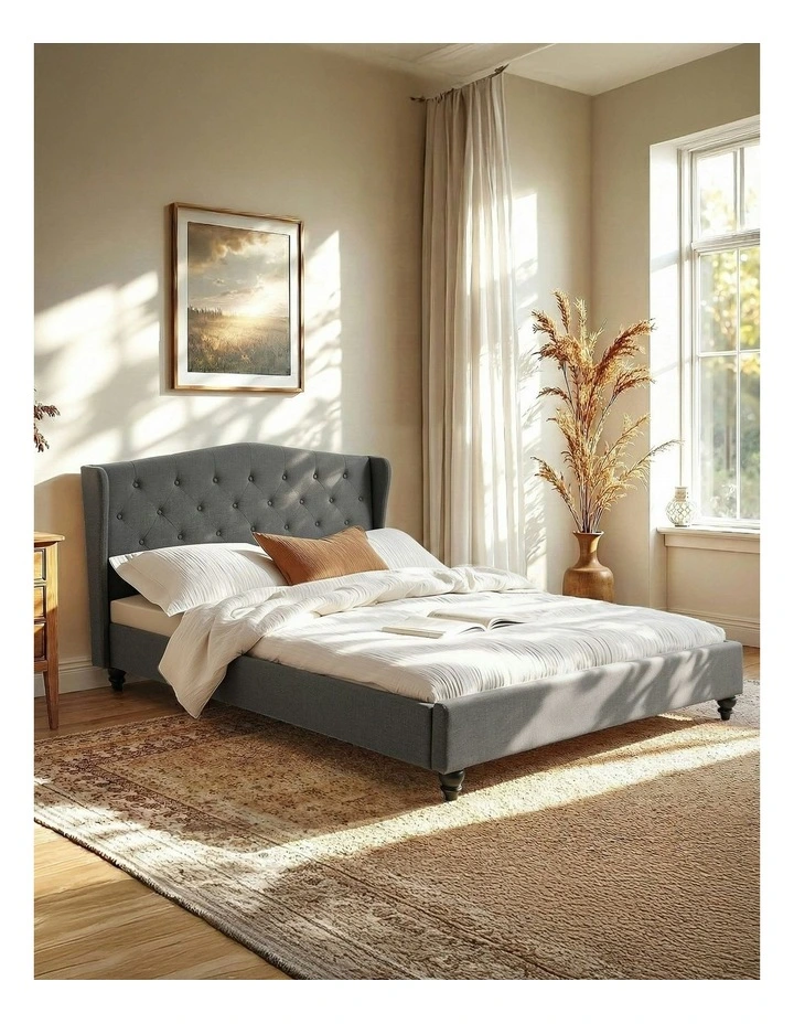 Queen Bed Frame with Linen Upholstered Platform Bed Base in Grey image 3
