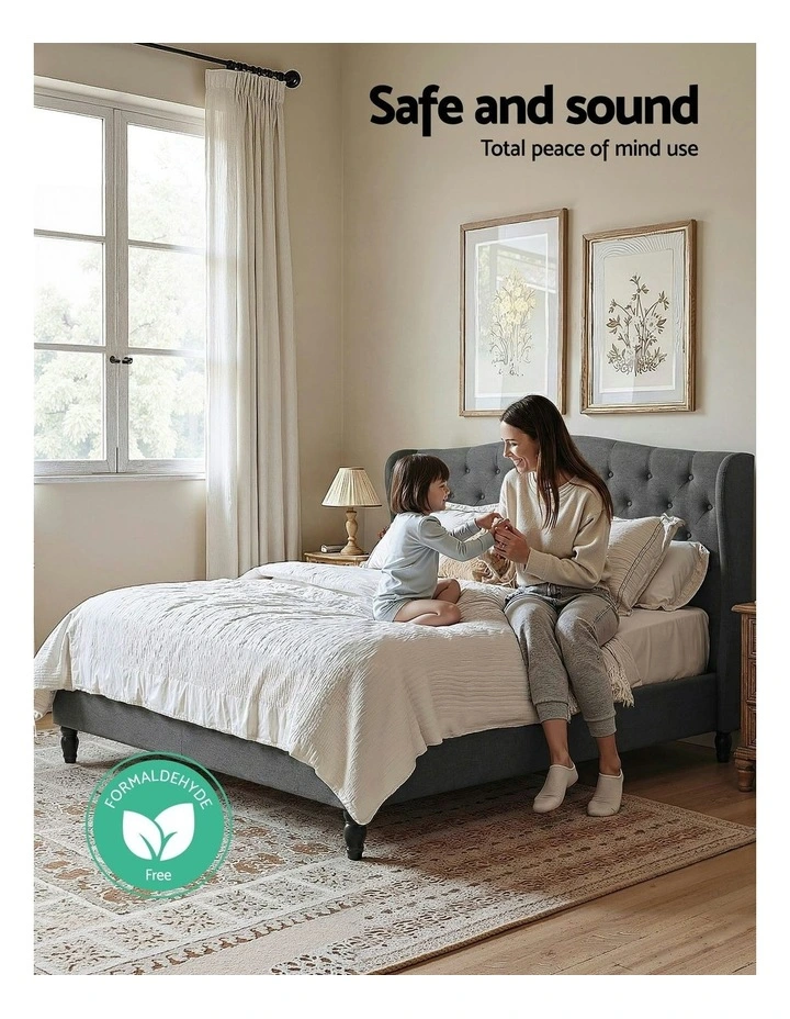 Queen Bed Frame with Linen Upholstered Platform Bed Base in Grey image 6