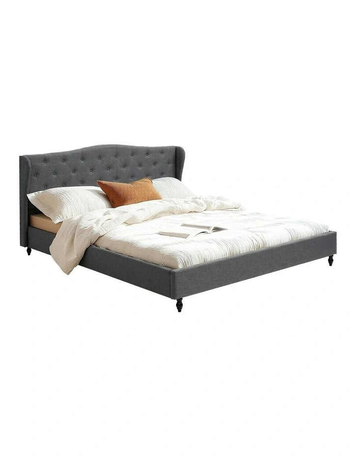 King Bed Frame with Linen Upholstered Platform Bed Base in Grey image 1
