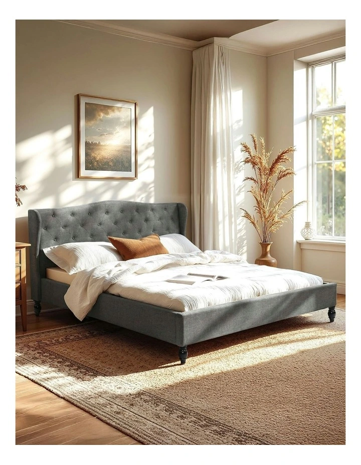 King Bed Frame with Linen Upholstered Platform Bed Base in Grey image 3