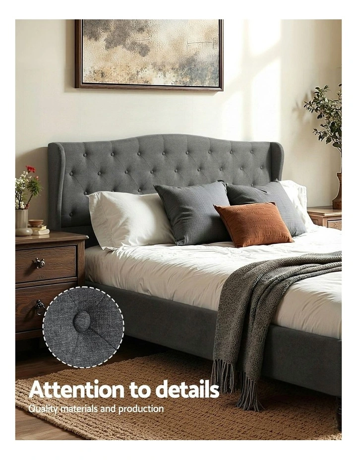 King Bed Frame with Linen Upholstered Platform Bed Base in Grey image 5