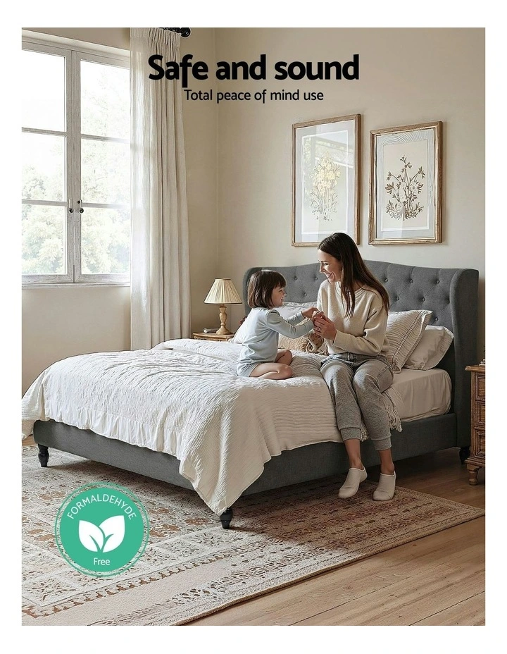 King Bed Frame with Linen Upholstered Platform Bed Base in Grey image 6