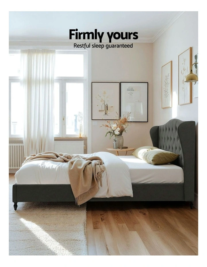 King Bed Frame with Linen Upholstered Platform Bed Base in Grey image 7