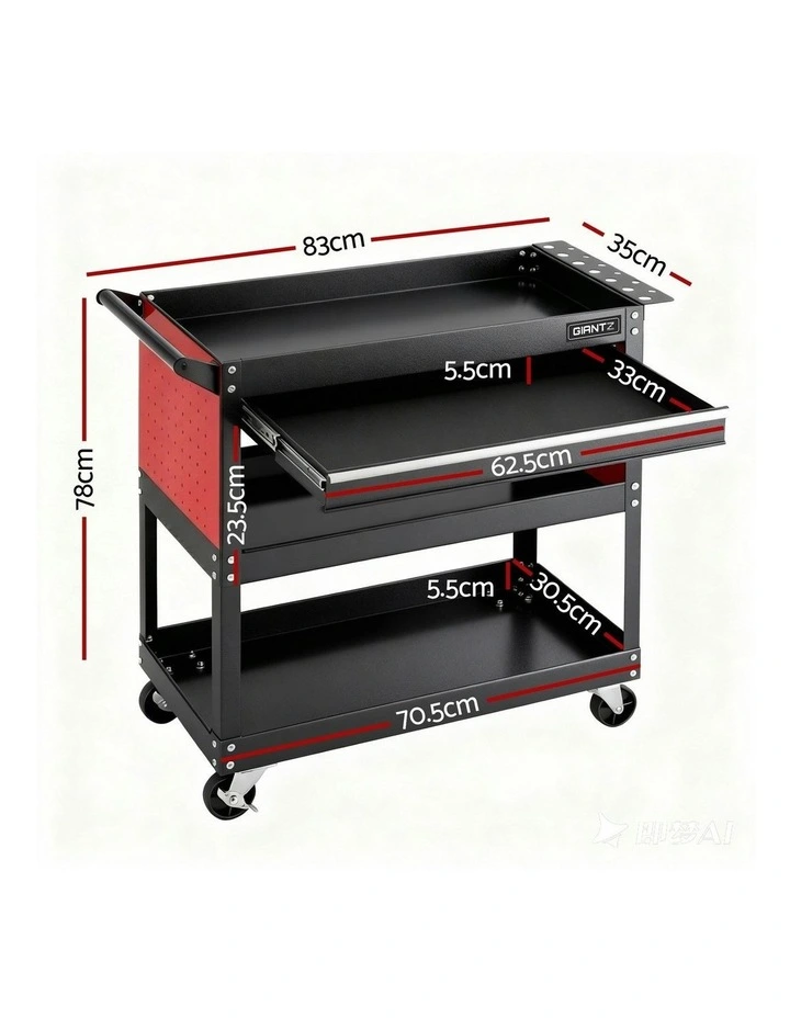 Tool Trolley Cart Rolling Cabinet with Drawer Workshop Garage Storage in Black/Red image 4