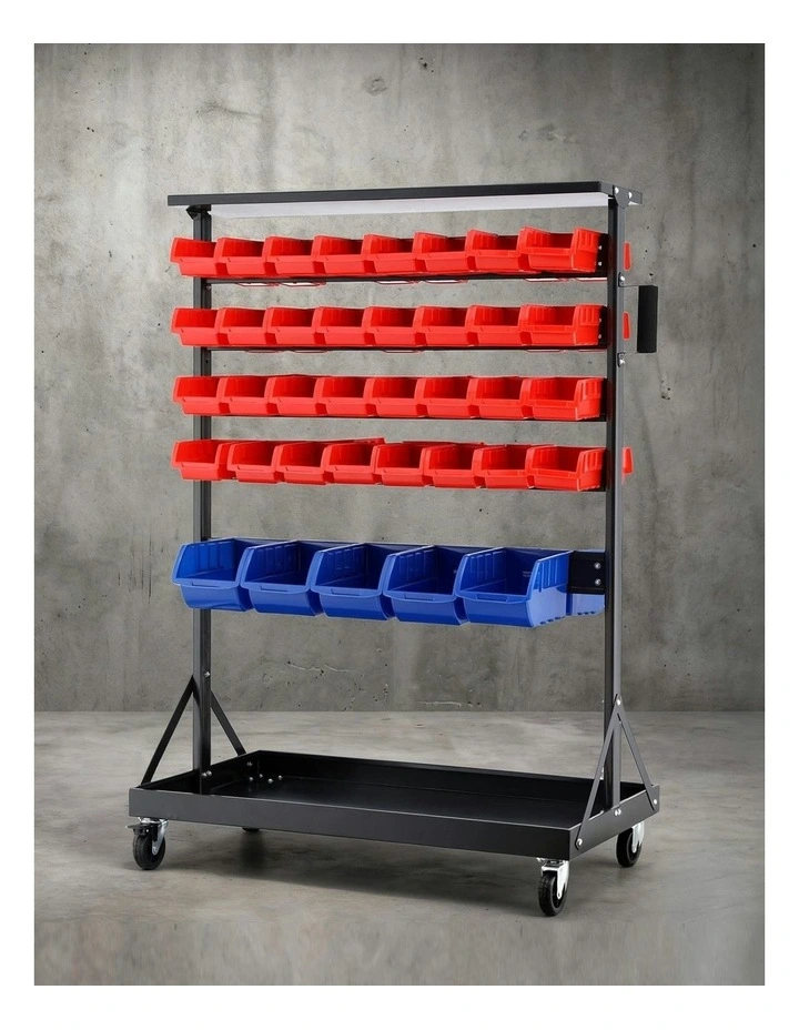 Double Sided Mobile Garage Workshop Tools Organizer Storage Rack 74 Bins in Multi image 3