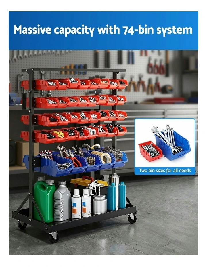 Double Sided Mobile Garage Workshop Tools Organizer Storage Rack 74 Bins in Multi image 5