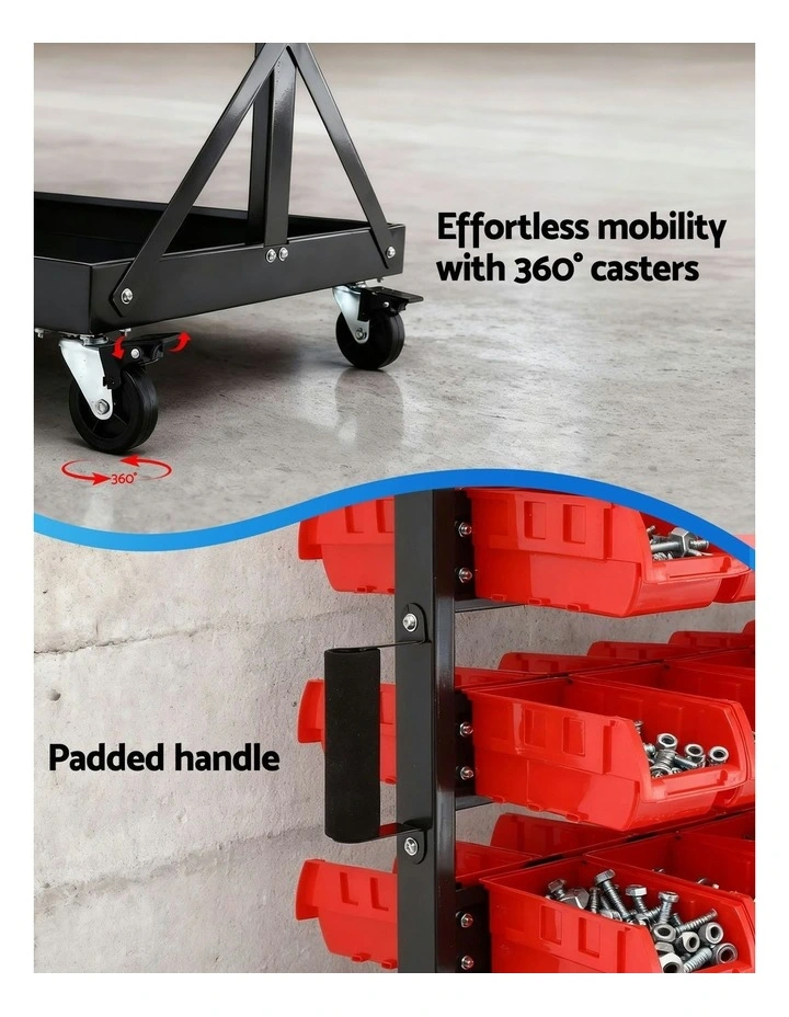 Double Sided Mobile Garage Workshop Tools Organizer Storage Rack 74 Bins in Multi image 6