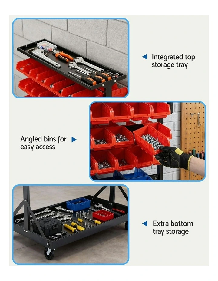 Double Sided Mobile Garage Workshop Tools Organizer Storage Rack 74 Bins in Multi image 7