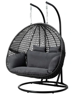 Hanging Rattan Patio Pod Stand Cushion 2 Seater Swing Chair in Grey