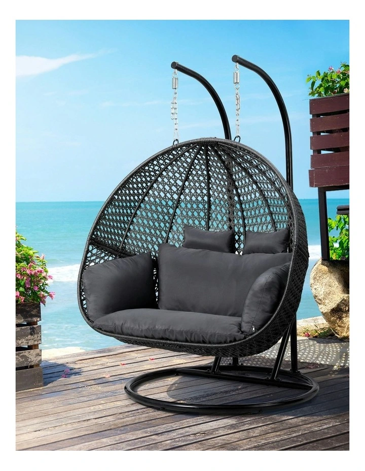 Hanging Rattan Patio Pod Stand Cushion 2 Seater Swing Chair in Grey image 3