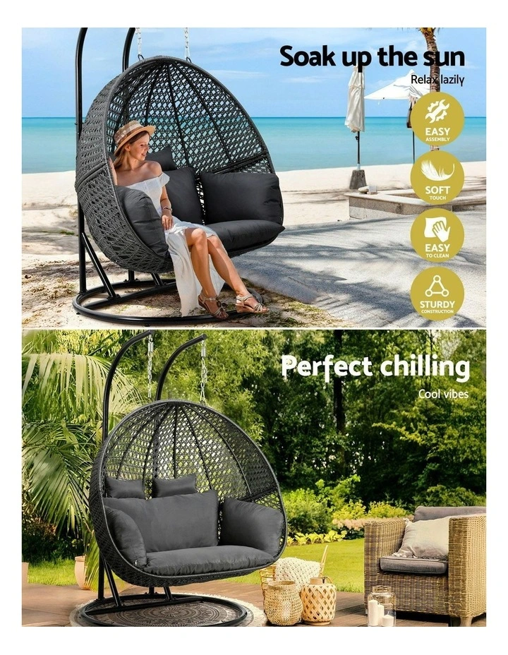 Hanging Rattan Patio Pod Stand Cushion 2 Seater Swing Chair in Grey image 5